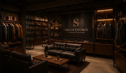 Showroom sofisticado com jaquetas de couro da Sauer Leather Goods expostas